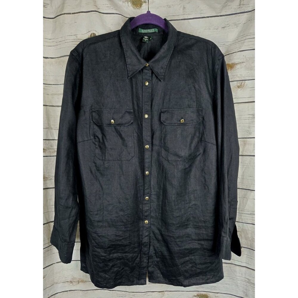 Ralph Lauren Black 100%  Linen Top 1X Gold Buttons Coastal Grandma Womens Beachy